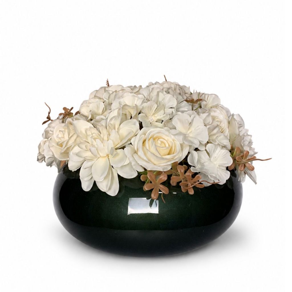 Arranjo Buquê de Rosas e Dálias Artificial com Vaso de Vidro Verde Fosco Decoraç