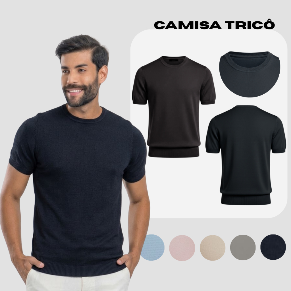 Camisa Preta Masculina Trico Gola Careca Nylon Poliéster Respirável