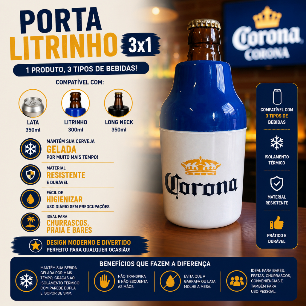 PORTA LATA 300ml LITRINHO CERVEJA 3x1 LONG NECK CORONA TÉRMICO