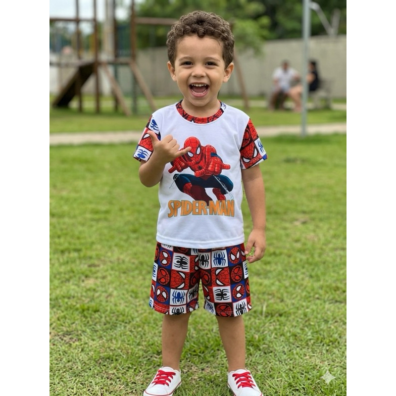 Conjunto Infantil Menino Homem Aranha Lançamento Verão Bermuda e camisa serve como pijama também tecido leve confortável