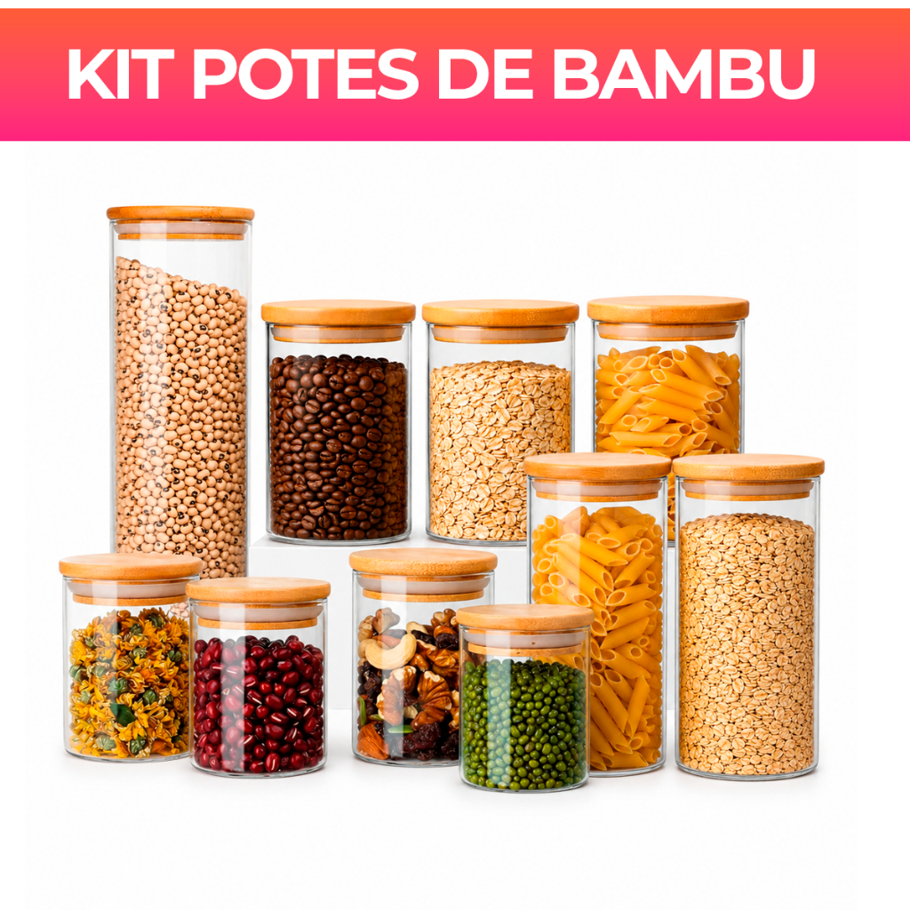 Kit Potes de Vidro 200/300/550/2000ml com Tampa de Bambu Hermético Mantimentos Condimentos Empilhaveis