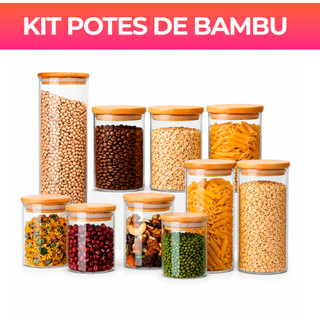 Kit Potes de Vidro 200/300/550/2000ml com Tampa de Bambu Hermético Mantimentos Condimento…