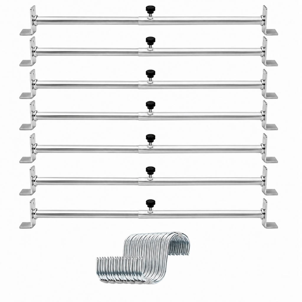 Kit 8 Suportes De Freezer Horizontal + 12 Ganchos Resistente Suporte Tendal + Gancho S1c Para Carnes
