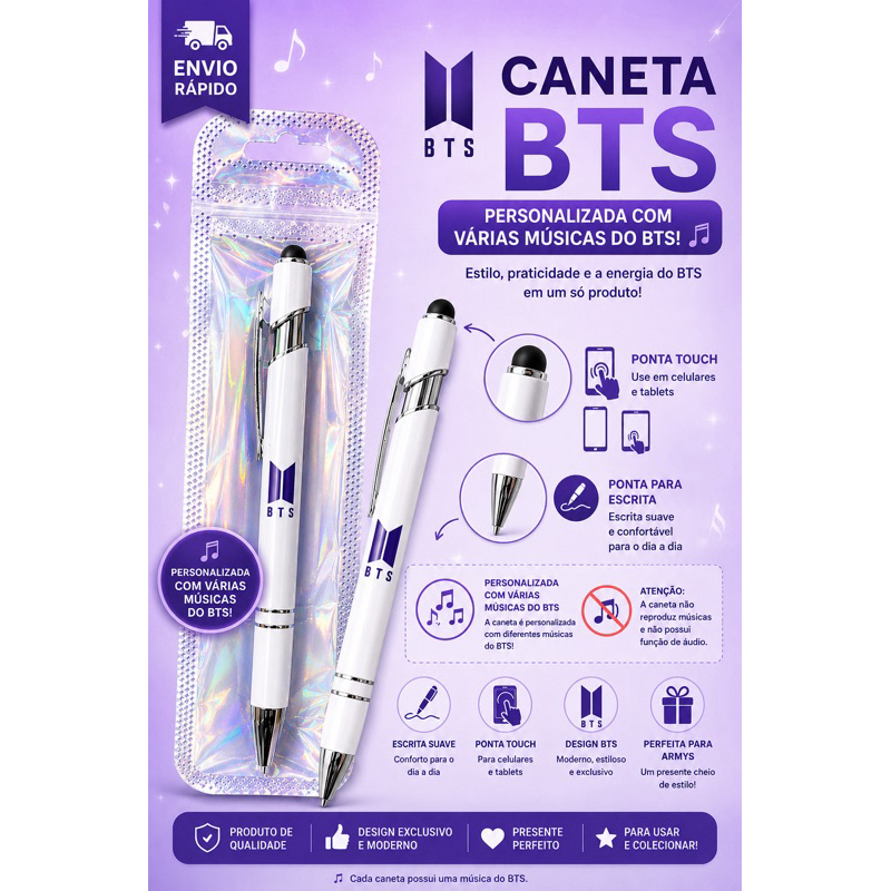 Caneta BTS Stylus Touch 2 em 1 para Celular e Tablet – Kpop Personalizada