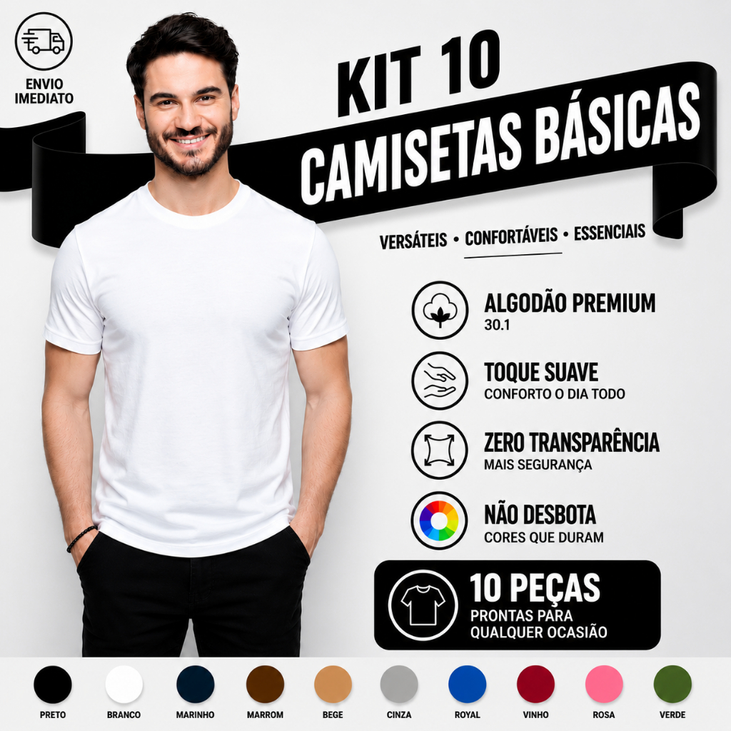 Kit 10 Camisetas Masculina Branca Algodão Premium Básicas Gola Redonda Tribo