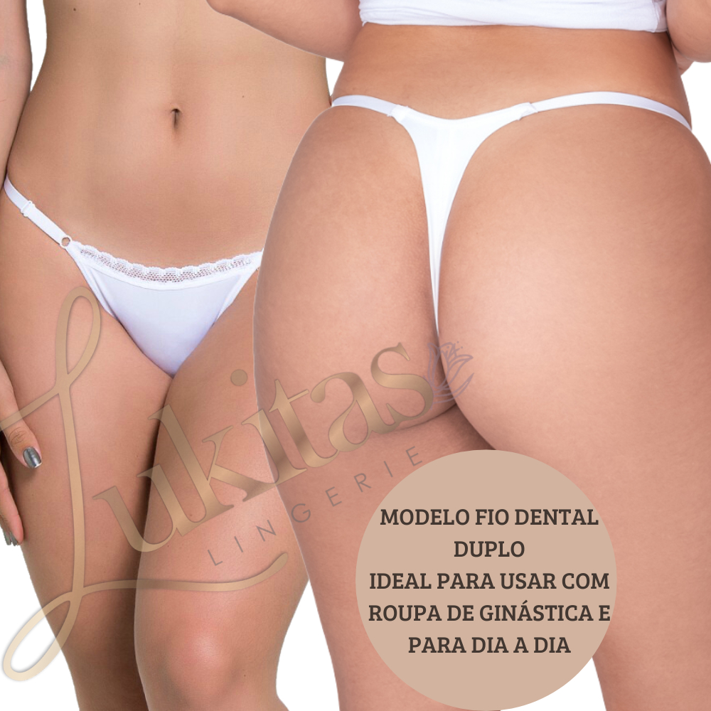 Kit com 6 Calcinhas Fio Dental Microfibra Dupla c/Regulagem Confortável String c/Renda Moda Intima