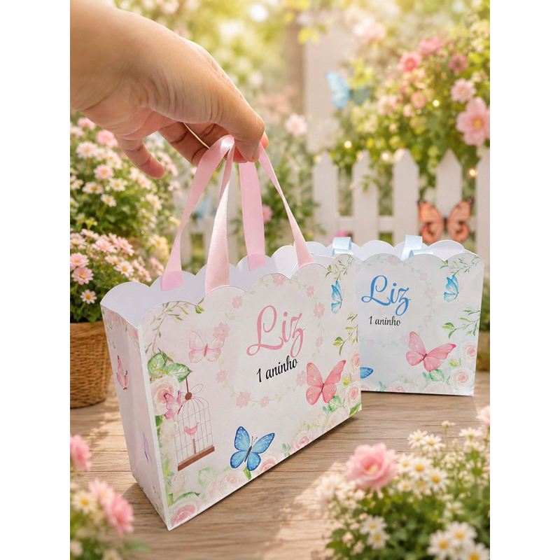 Sacolinha de Aniversário Jardim Borboleta - Personalizada - Lembrancinha aniversário - 14X17,5x5,5