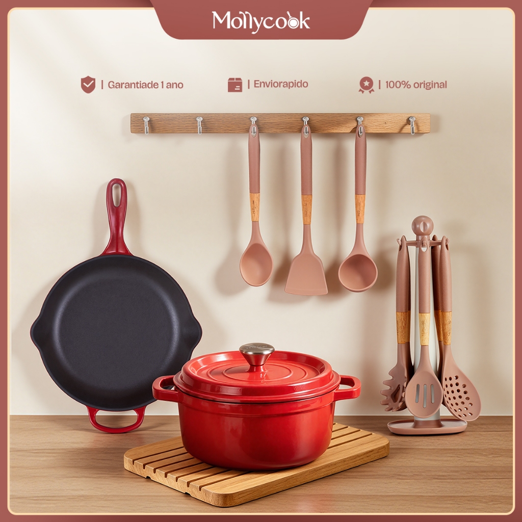 Mollycook Kit 9 Peças Panela Ferro Esmaltado Caçarola/Frigideira Para Todos os Fogões Com Utensílios de Silicone