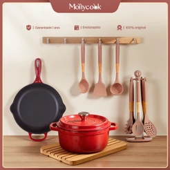 Mollycook Kit 9 Peças Panela Ferro Esmaltado Caçarola/Frigideira Para Todos os Fogões Com Utensílios de Silicone