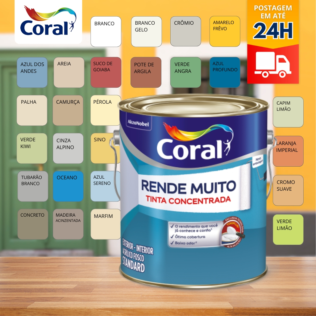 Tinta para Parede Coral Rende Muito 3,2L- Várias Cores • Fosca • Acrílica • Interior/Exterior • 34m2