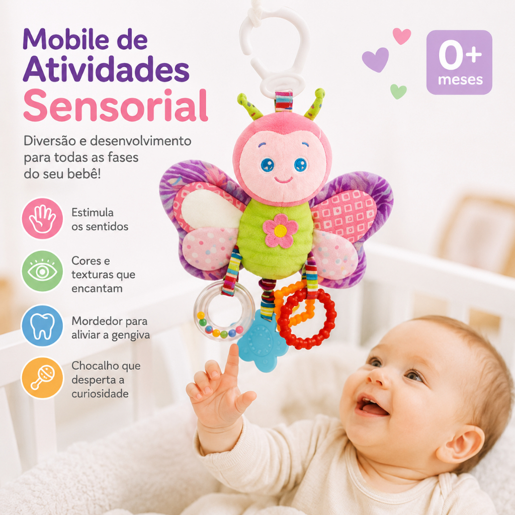 Brinquedo para Bebes e Crianças Sensorial Borboleta com Mordedor, Chocalho e Argolas Coloridas