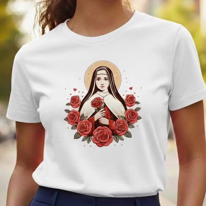 Camiseta Baby Look Feminina 100% Algodão Estampada Santa Rita de Cássia Rosas Católica Religiosa