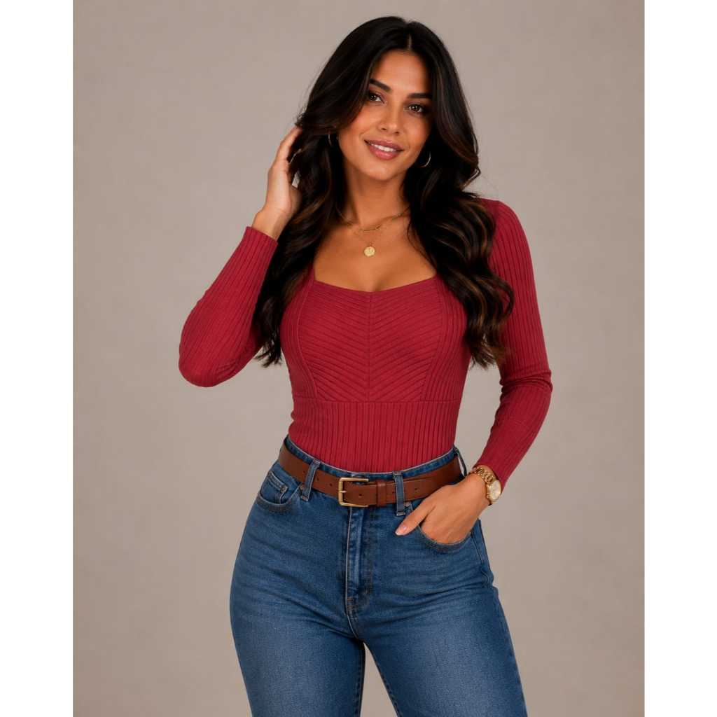 Blusa Feminina Canelada Manga Longa Decote Quadrado RECORTADA Justa Blusinha Dia a Dia Elegante