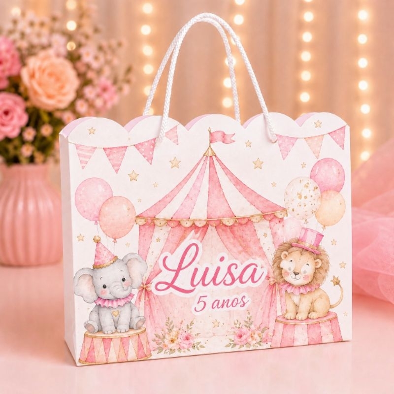 Pegue e Monte - Kit Sacolinha Surpresa Personalizada| Tema Circo Aquarela Menina Rosa | Lembrancinhas Festa Infantil