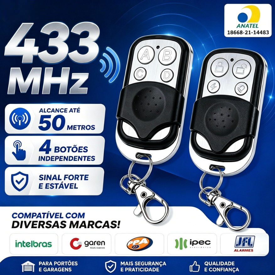 Controle Remoto 433MHz Universal para Portão Eletrônico 4 Botões Compatível e Prático
