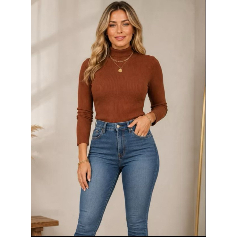 Blusa Feminina ANA RUGA Canelada Manga Longa Gola Alta Basica Tendencia Casual Moderna Segunda Pele Outono e Inverno
