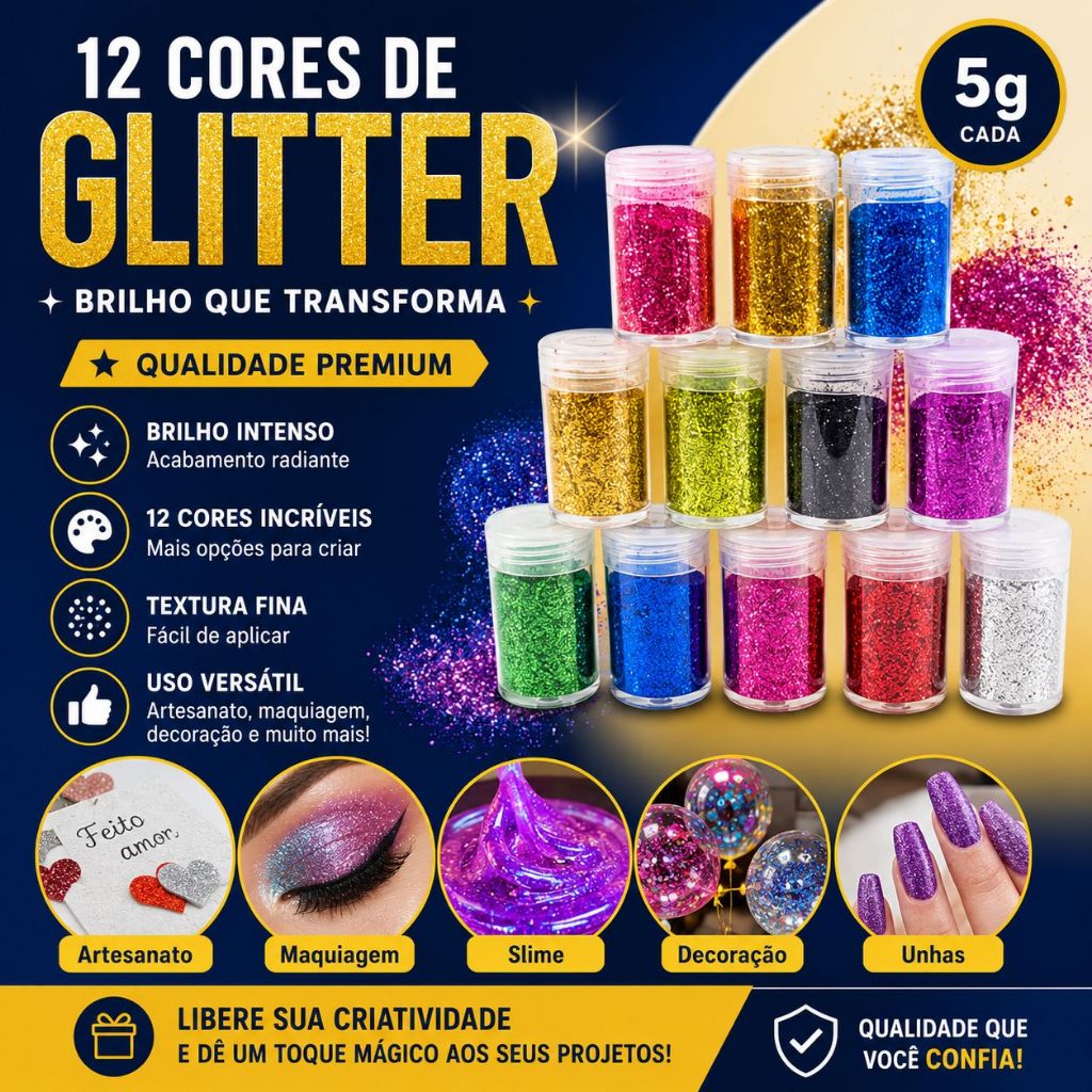 Glitter Decorativo C/12UN - Use em Slime, Cartazes, Velas Artesanais e Muito Mais - BARUCH