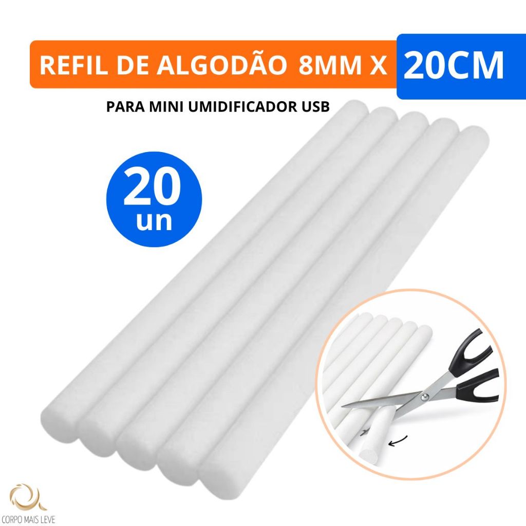 Kit 20 Refil Algodão 8mm x 20cm Filtro Para Umidificador De Ar USB Difusor Ultrassônico Reposição