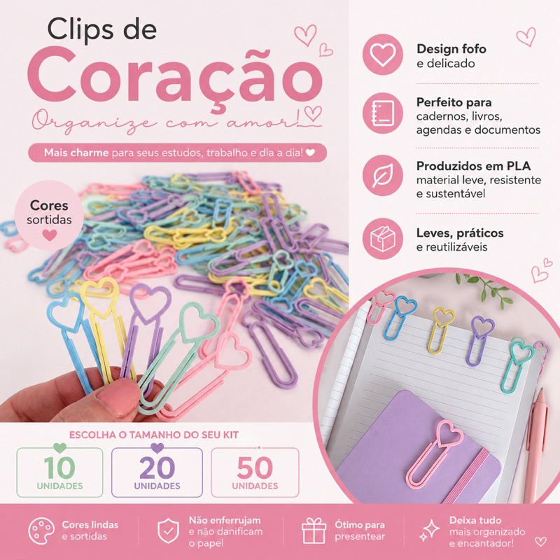 Clips de Coração Coloridos | Marcador de Página | Kit com 10, 20 ou 50 Unidades