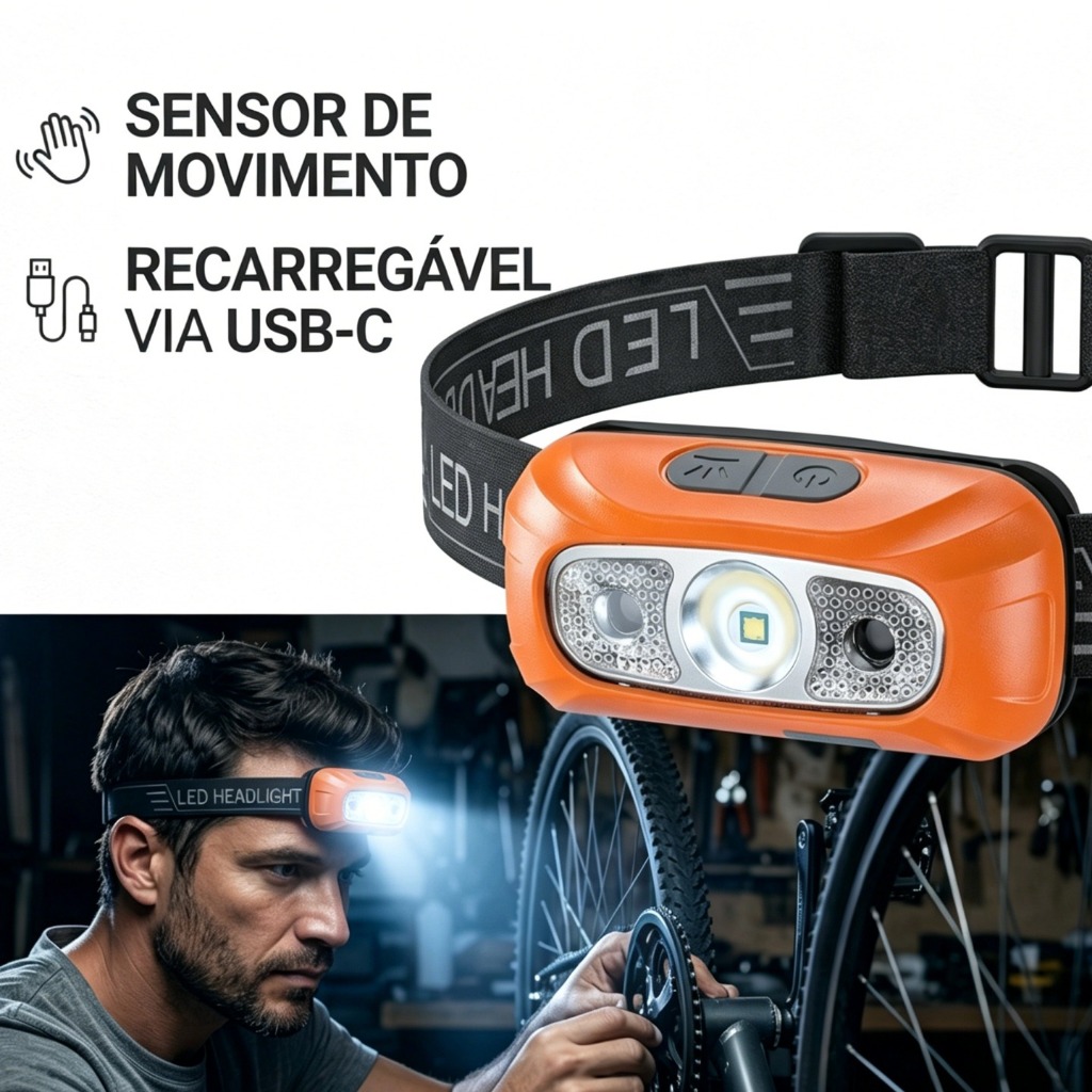 Lanterna Cabeça Premium Recarregavel Sensor Prova D'água Para Trabalho Pedaleira Caminhada Camping
