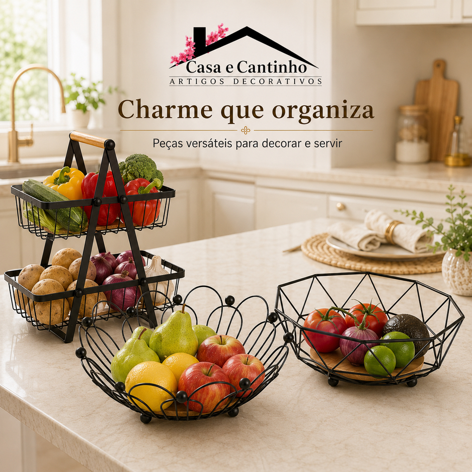 Fruteira de Mesa Ferro e Bambu Rústica Acrílico Cesta de Frutas Decorativa Cozinha Multiuso Moderna