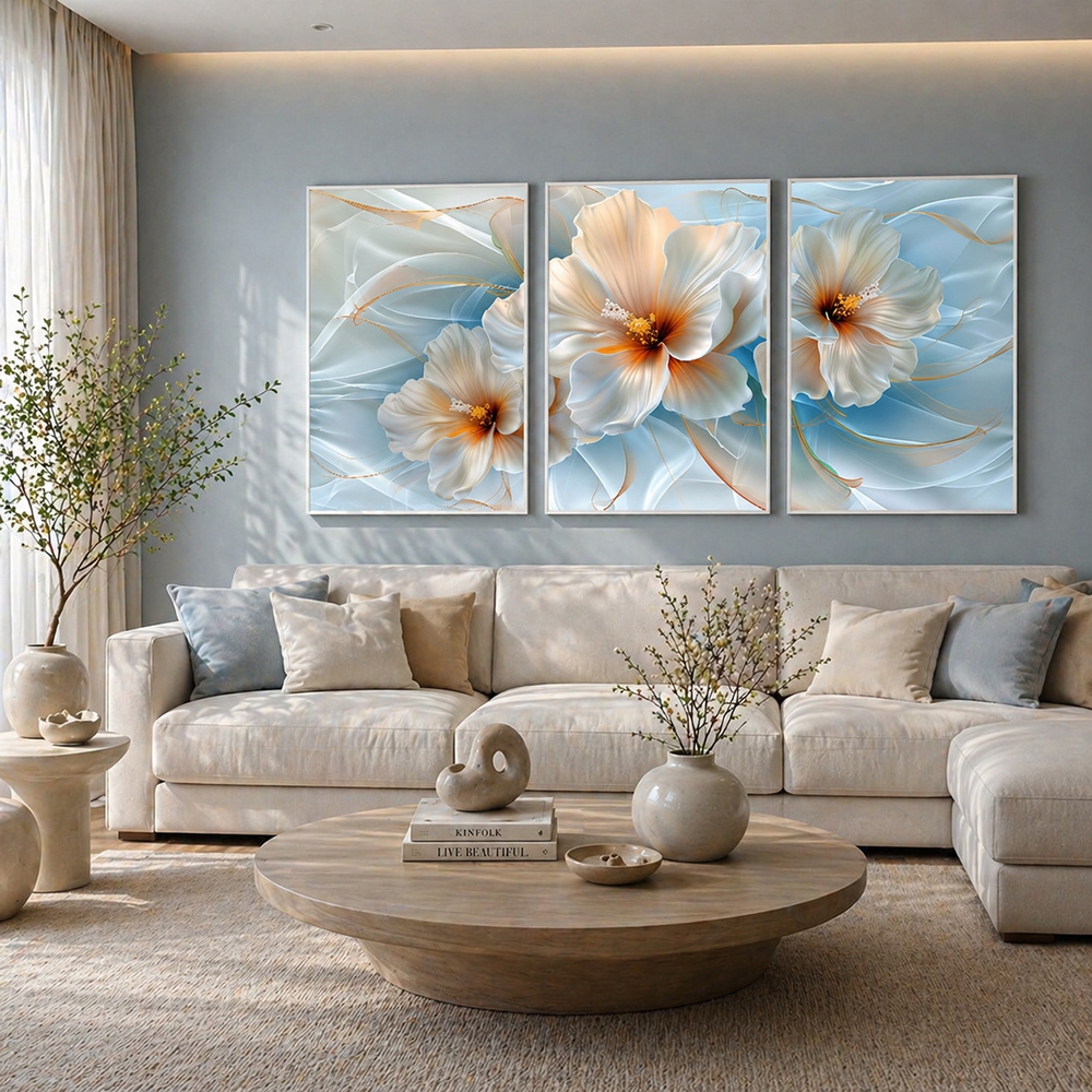 Quadro Florescer da Tranquilidade 3 Telas Moldura Branca 50x75 Com Vidro