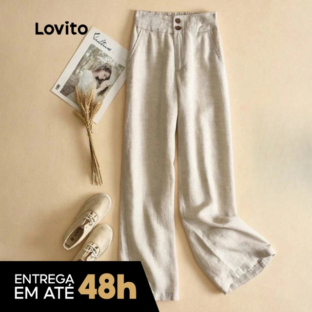 Lovito Calça Feminina Linho Casual com Botões PTNS21EX224
