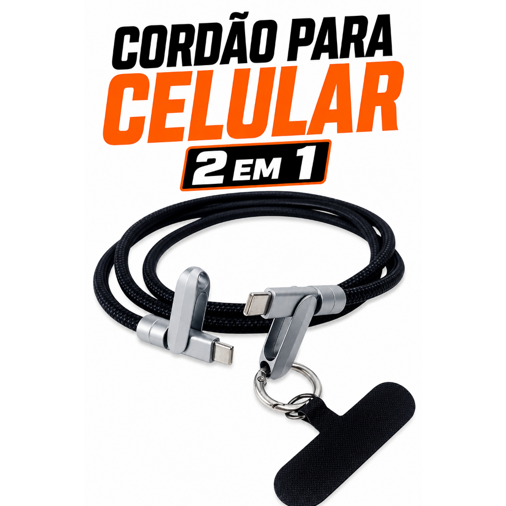 Cordão para Pescoço Celular com Cabo para Carregador Engate Rápido Alça Antiqueda para Smartphone