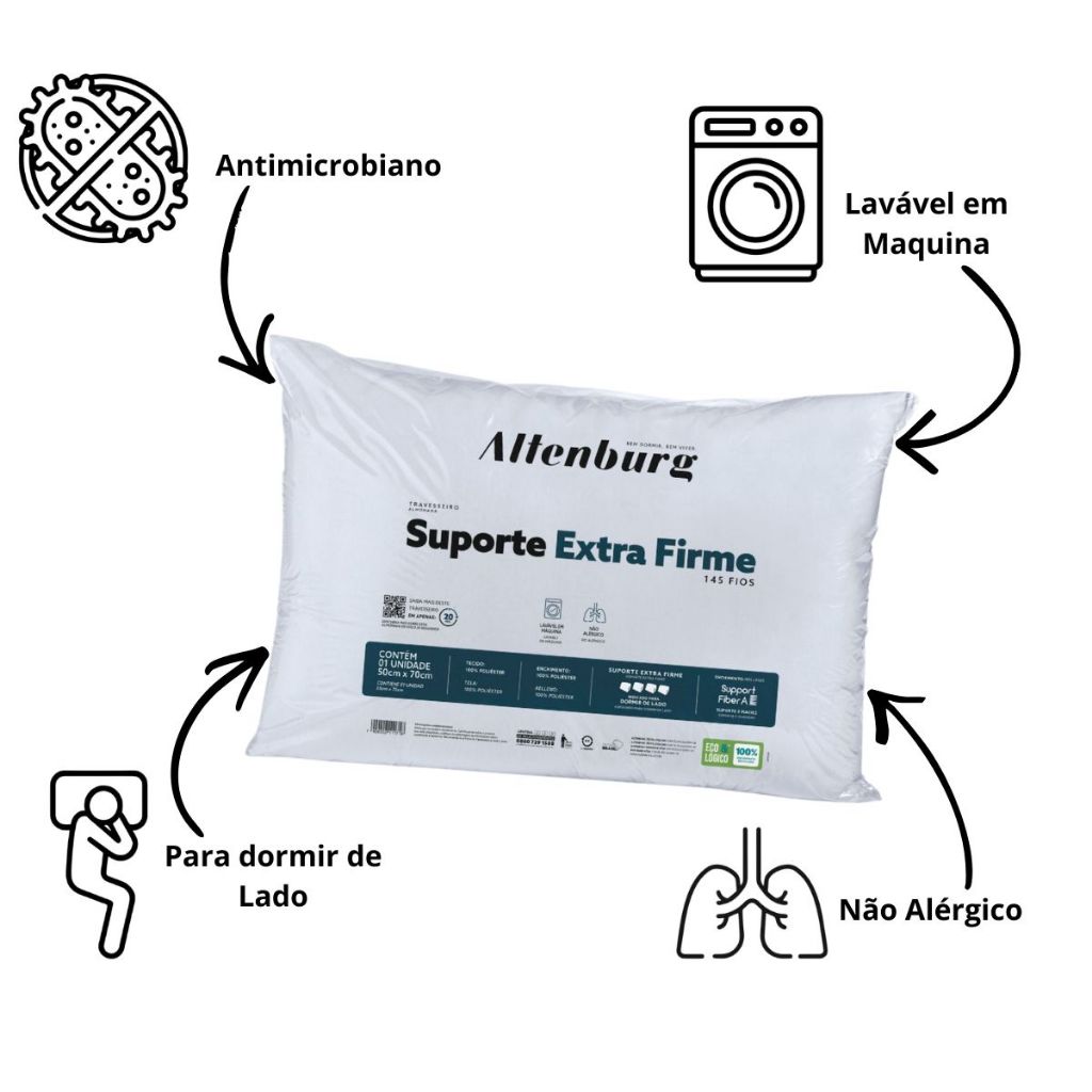 Travesseiros Altenburg Suporte Extra Firme Original 50x70cm Antialérgico 100% Algodão Percal — imagem 2 de 2