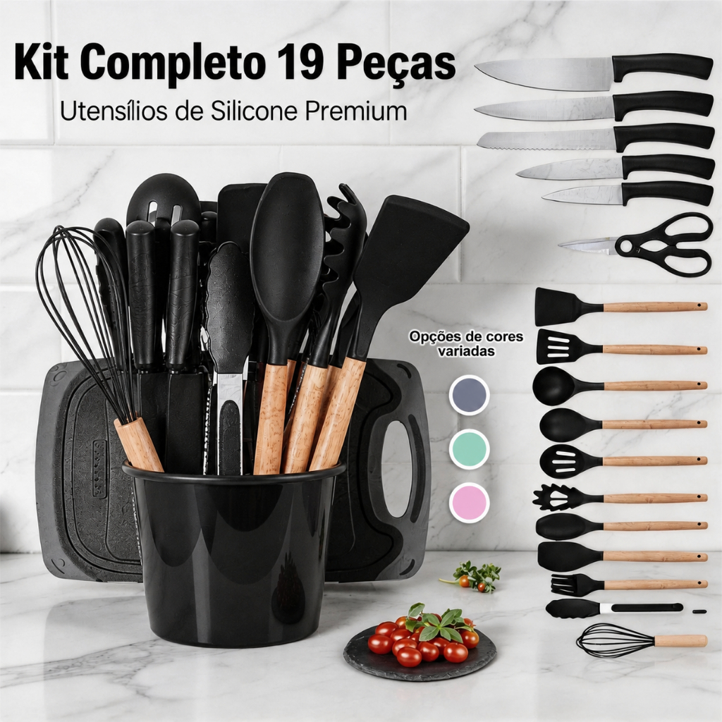 Kit Cozinha 18 Peças Completo Facas Utensílios Tábua Tesoura Silicone Preto