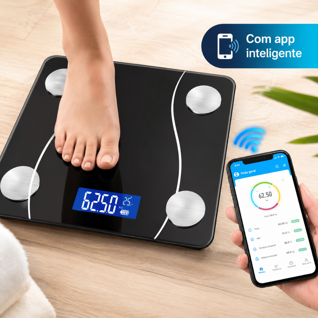 Balança Bioimpedancia Digital Bluetooth Corporal até 180kg Resultado Pelo Celular