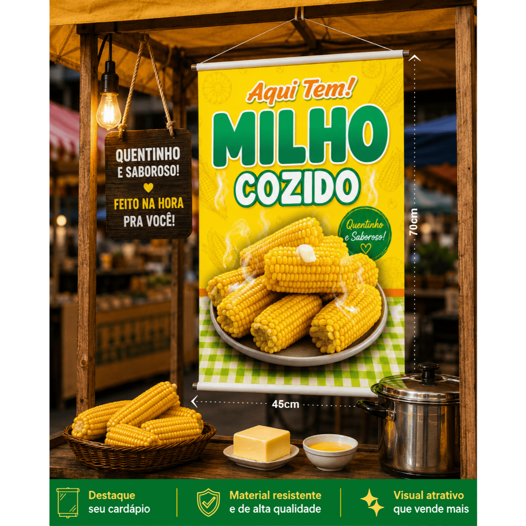 Banner Pronto Temático Milho Cozido Espiga Faixa Divulgação Chamativa Loja Comércio Barraca 45x70cm