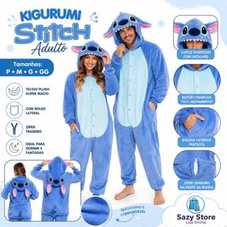 Kigurumi Stitch Adulto Premium Pijama Fantasia Macacão Unissex Plush Quentinho Cosplay