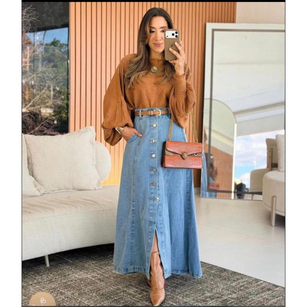 saia longa jeans com botao, evazer, envio aleartorio