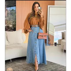 saia longa jeans com botao, evazer, envio aleartorio