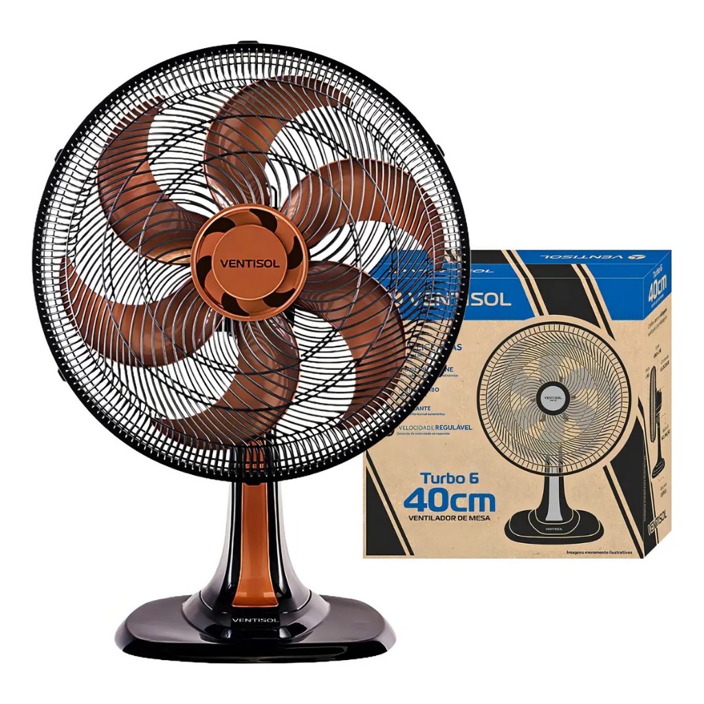 Ventilador De Mesa Turbo Ventisol 40cm 127v 6 Pás Silencioso Oscilante 3 Velocidades Estrutura Preto e Pás Bronze