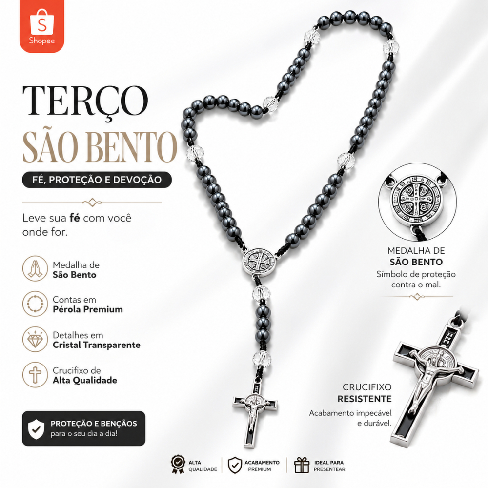 Terço São Bento Hematita Com Cruz E Medalhas No Cordão Brilhante Colar