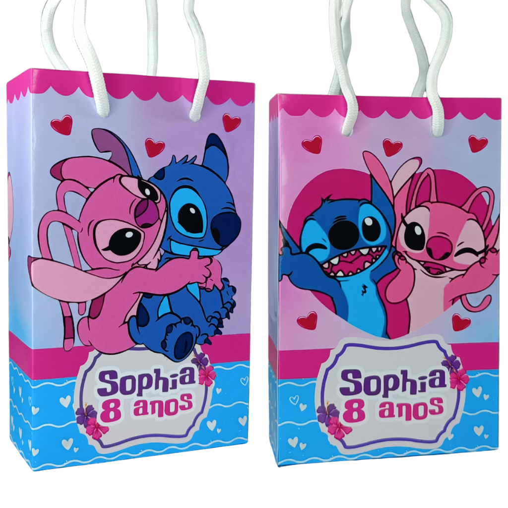 Sacolinha Personalizada STITCH E ANGEL Aniversário PEGUE E MONTE Lembrancinha Surpesa Bolsinha