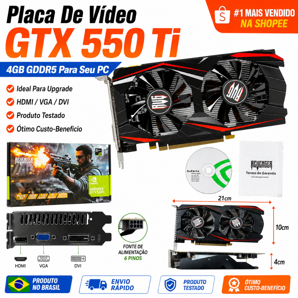 Placa De Viveo GTX550TI 4GB DDR5 Directx@ 11 OpenGL 4.5 128 bits Conector de alimentaçâo 6 pinos