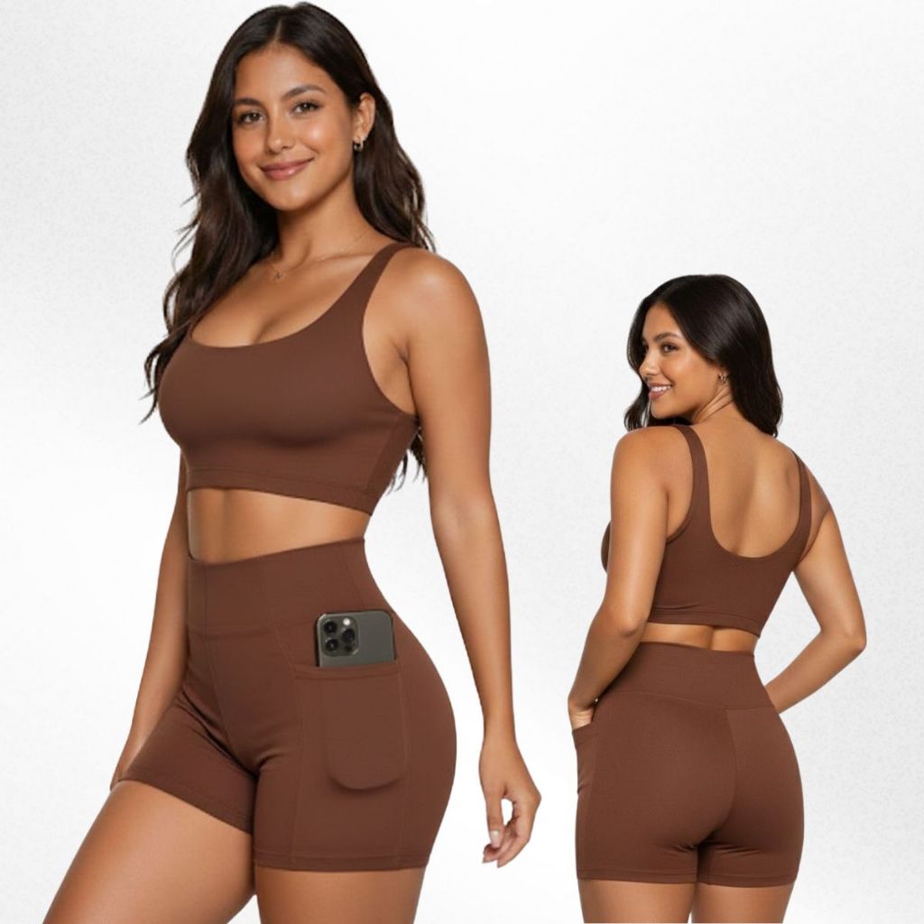 Conjunto De academia feminino Poliamida Fitness Compressão Top Duplo e Shorts Com bolso Cintura Alta Academia