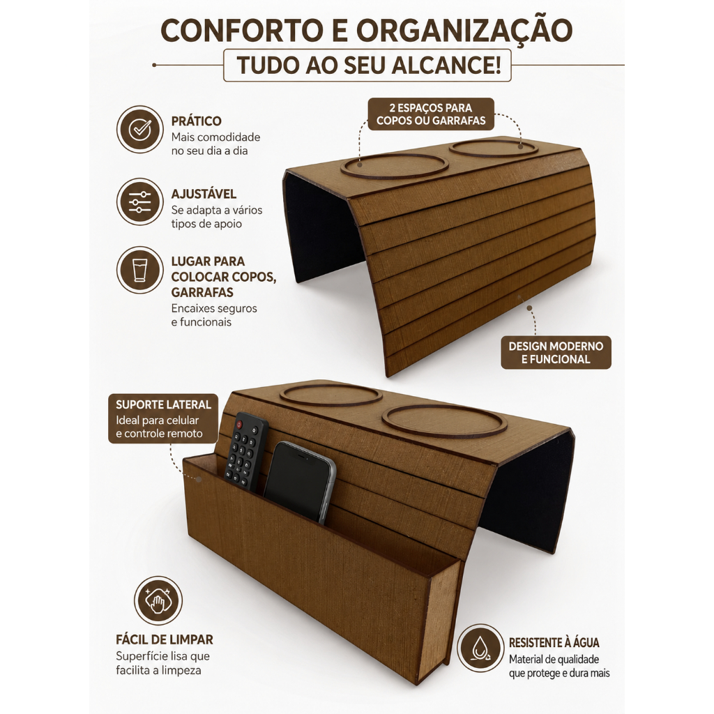 Esteira Apoio para Sofá com Porta Copos e Controle Remoto, Organizador e Reforçado