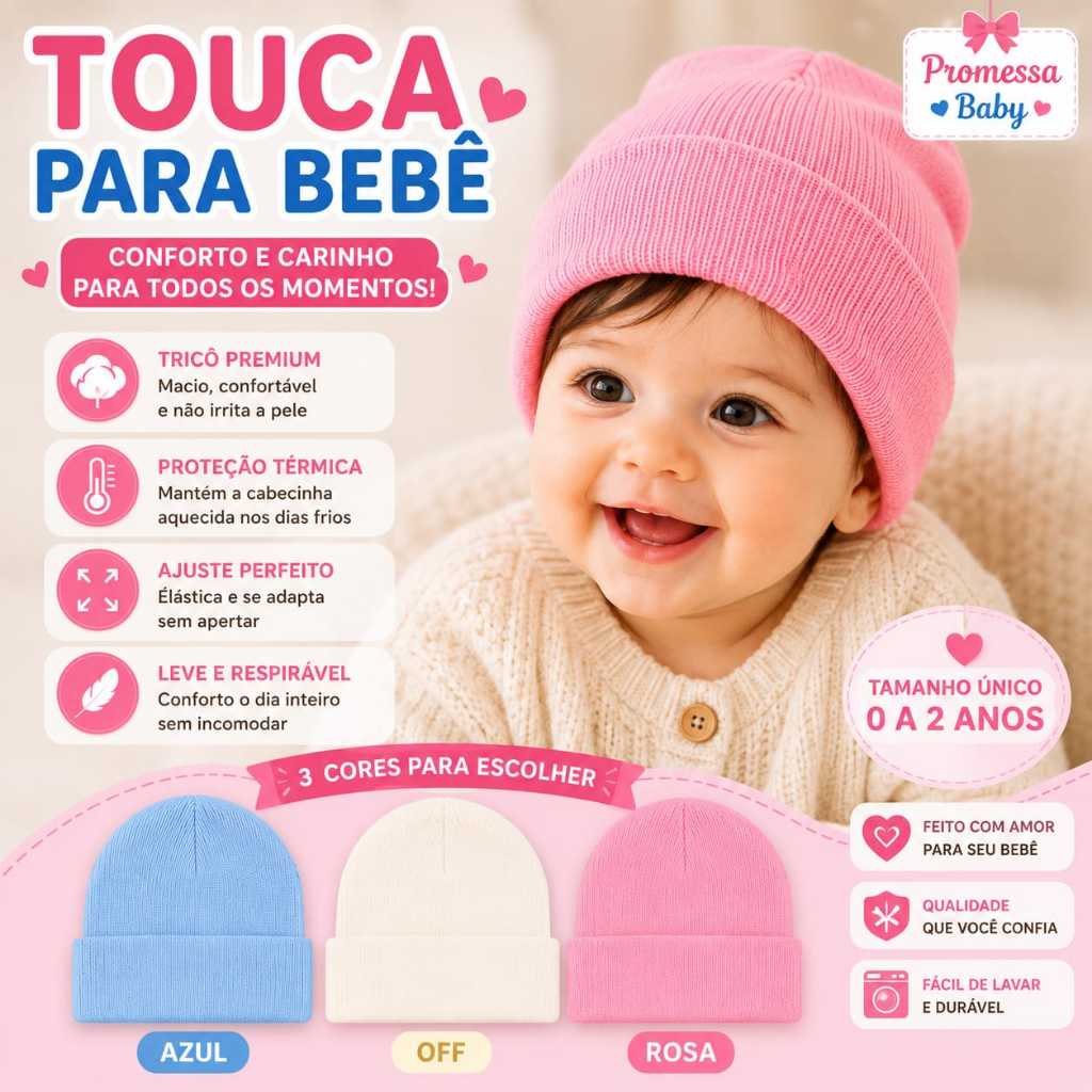 Touca Bebê Tricô Premium 0 a 2 Anos Macia Menino Menina