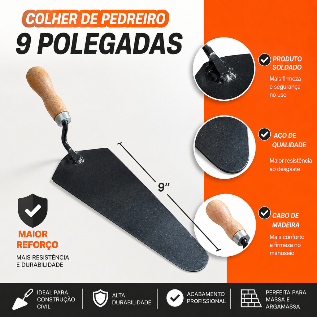 Colher de Pedreiro Canto Reto Reforçado Multiusos 9 Polegadas Obras e Construção
