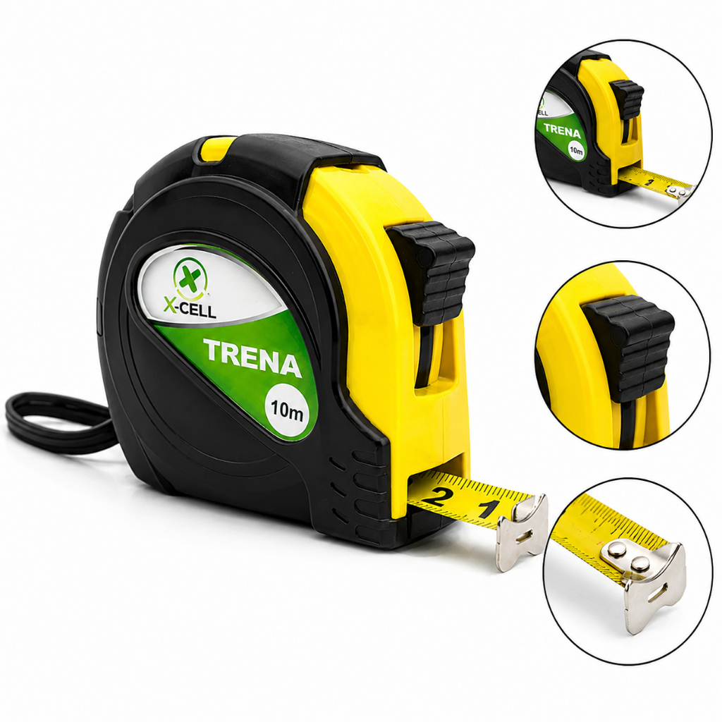 Trena Profissional 10m 25mm Tripla Escala com Trava Fita Larga Clip Cinto Emborrachada