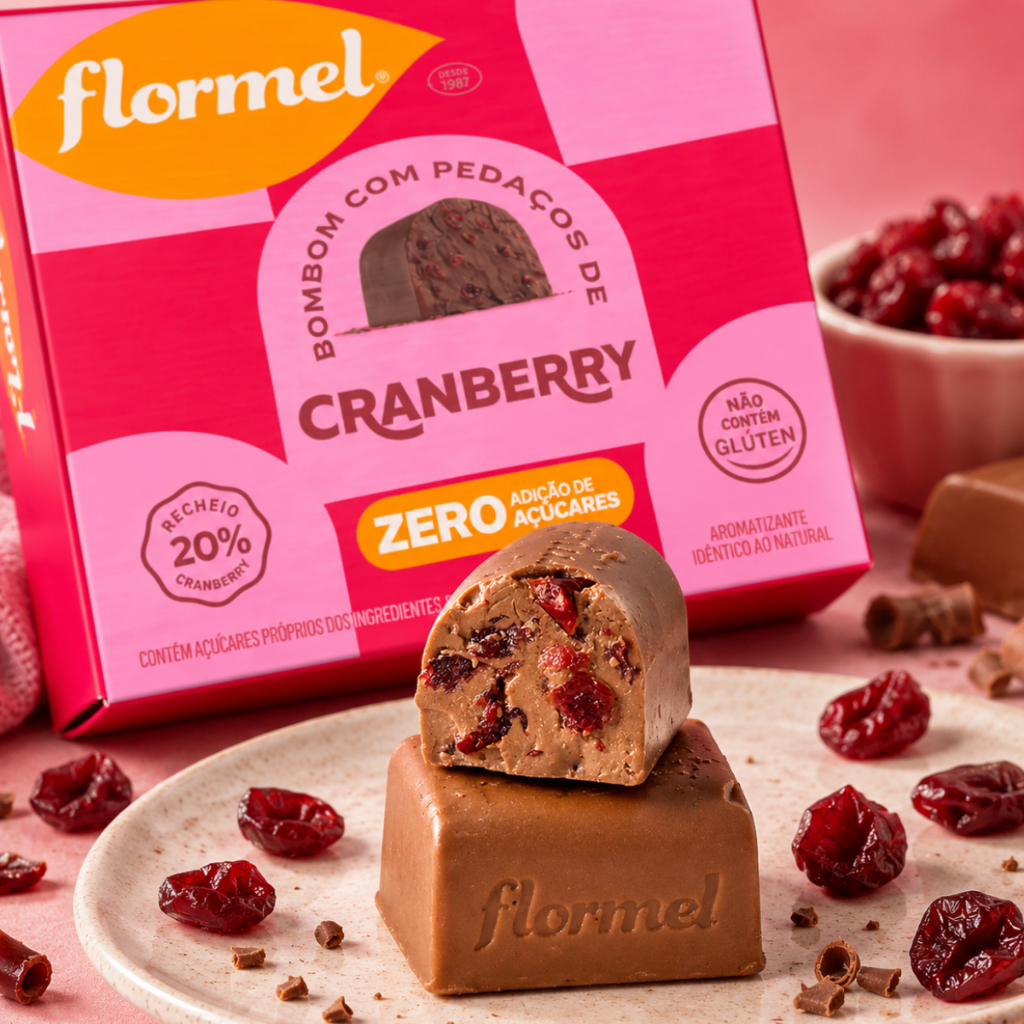 Caixa 18 unid Bombom Zero Açucar Chocolate ao Leite Cranberry Sem Gluten Cacau 12g Flormel Doce Fit