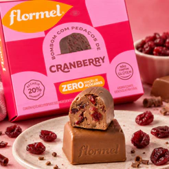 Caixa 18 unid Bombom Zero Açucar Chocolate ao Leite Cranberry Sem Gluten Cacau 12g Flormel Doce Fit