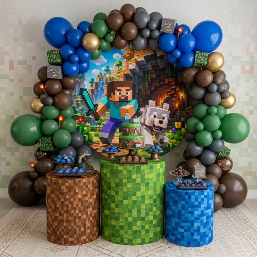 Capa Decorativa Painel Redondo Trio Cilindro Mincraft Gamer Tecido Sublimado Festa Infantil Meninos