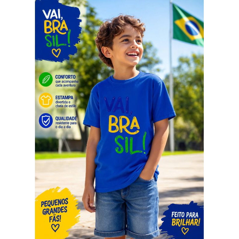 Camiseta Infantil "Vai Brasil!" – Estampa Divertida | 100% Algodão | Tamanhos 04 ao 14
