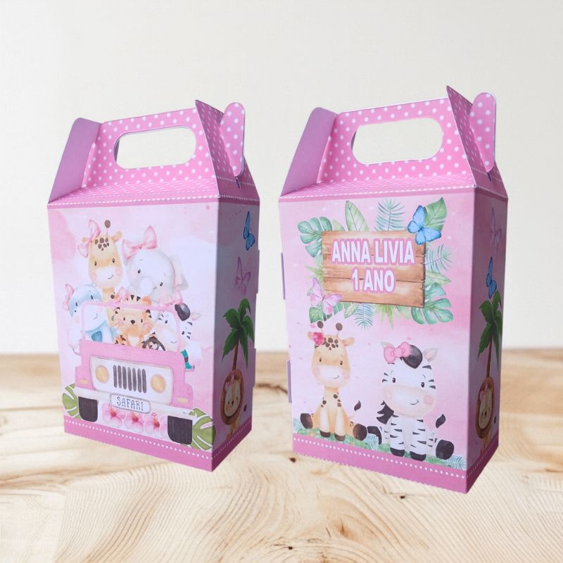 Caixa Maletinha Safari Rosa Personalizada | Lembrancinha Festa Infantil | Caixa Surpresa