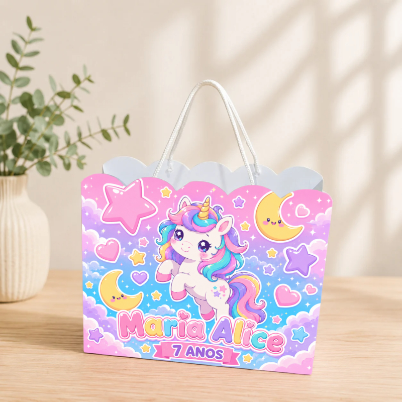 Sacolinha Personalizada Unicórnio Pegue e Monte Lembrancinha Aniversário Infantil Mimos Festa